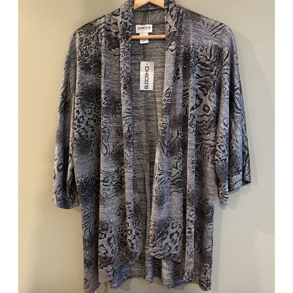 CHICOS Travelers Size 2 Silver Lining Fiona 3/4 Cardigan Open Front Animal Print - Picture 1 of 9